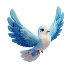 Cute blue bird flying isolated on transparent background, a whimsical illustration of a cartoon bird in midflight, spreading its wings