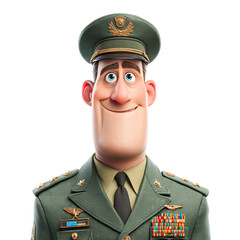 Cartoon general isolated on transparent background, a friendly military officer with a cheerful expression, wearing a green uniform