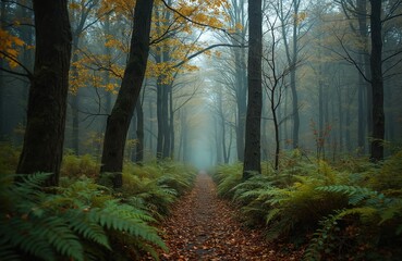 Obraz premium Autumn forest path lined with lush ferns and fallen leaves. Tall trees with yellow foliage create a misty, atmospheric scene. Sunlight filters through the canopy, illuminating a serene woodland trail.