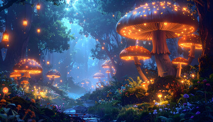 A glowing forest filled with oversized mushrooms and floating lanterns, inhabited by magical creatures.