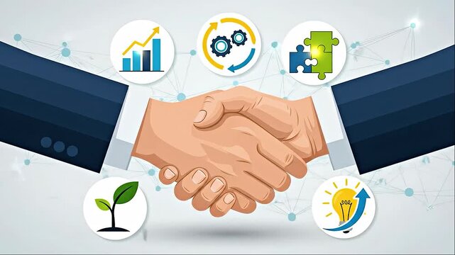 Business handshake with strategy icons symbolizing partnership and growth for corporate presentations and web design