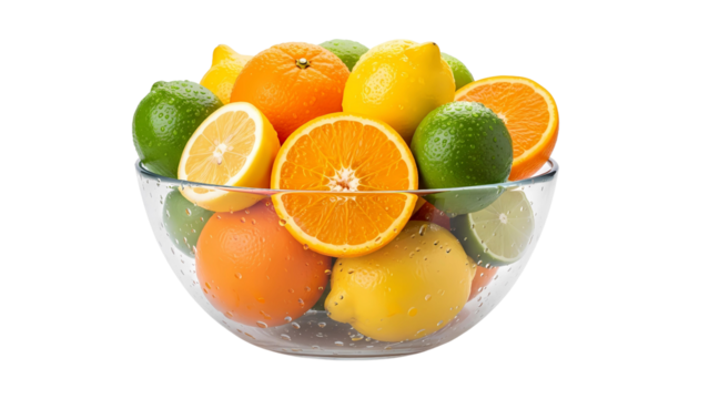 A vibrant glass bowl filled with fresh, juicy oranges, lemons, and limes on a transparent background