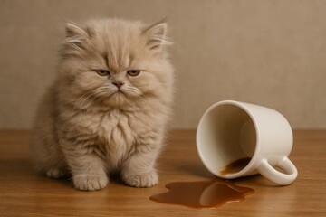 Funny fluffy kitten sitting beside a spilled coffee cup on a wooden table, looking unimpressed and grumpy.
