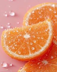 Macro Shot of Juicy Orange Slices Covered in Water Droplets and Sugar Crystals on a Pink Background with Soft Lighting