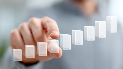 Man in Gray Shirt Points Finger at Growing White Bar Chart on Digital Screen Demonstrating Business Growth and Financial Success