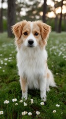Medium Sized Mixed Breed Dog With White And Tan Fur Sitting in a Lush Green Garden Amongst White Daisies and Tall Trees During Golden Hour Soft Sunlight
