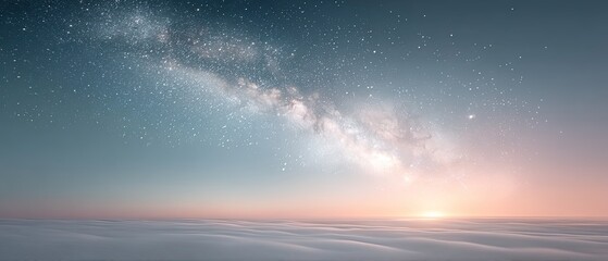 Milky Way Galaxy Arcing Over A Sea Of Clouds At Dawn With Soft Pastel Colors And A Gentle Horizon Glow