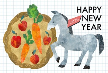 馬とフルーツや野菜のイラストのカジュアルな年賀状テンプレート　2026年