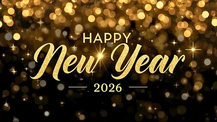 Luxurious Gold Calligraphy "Happy New Year 2026" Greeting on a Dark Gold Light Bokeh Background for Celebration Cards and Invitations