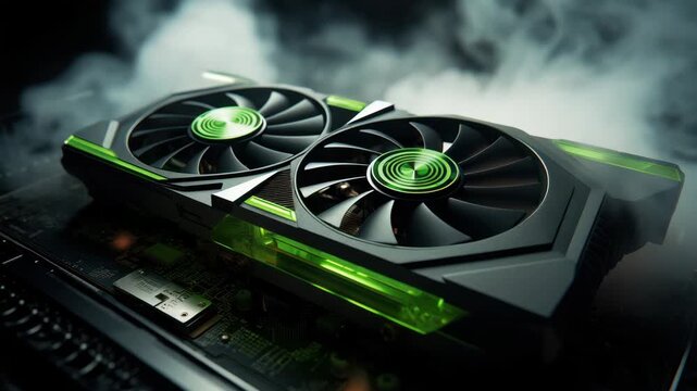 Powerful graphics card showcasing advanced cooling design on PC motherboard under dramatic lighting conditions