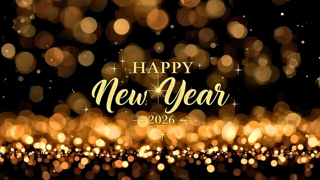 Luxurious Gold Calligraphy "Happy New Year 2026" Greeting on a Dark Gold Light Bokeh Background for Celebration Cards and Invitations