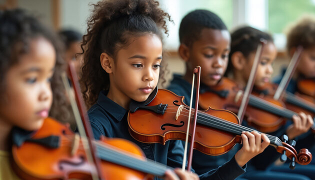 Children play violins in music class. Young students tune instruments for orchestral practice. Diverse kids learn classical music, developing skill and harmony together. - Powered by Adobe