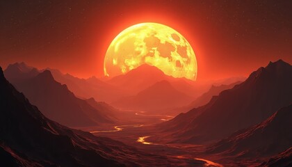 Huge sun rises over red alien planet mountains. River flows between hills on dark new world. Space travel concept. Fantastic cosmos scenery. Astrophotography showcases galaxy with stars and planets.