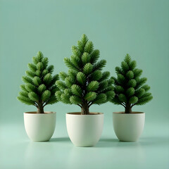 Festive miniature evergreen trees in white pots evoke a modern holiday spirit. Perfect for minimalist decor, adding a touch of nature to your winter celebrations.