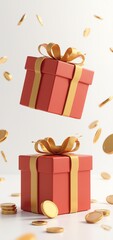 Two festive red gift boxes with golden ribbons float amidst falling gold coins, symbolizing luxury and celebration.