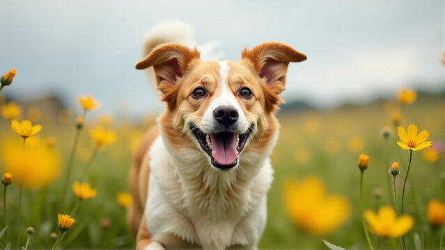 Close-up Joy: Expressive Dog Face in a Floral Swirl