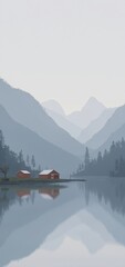 Obraz premium A serene, misty mountain lake reflects distant peaks and two red cabins nestled along the shore, evoking calm solitude in natures embrace.