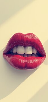 A glossy, vibrant red lip set against a minimalist white backgroundsleek and sensual with sharp teeth peeking through in perfect symmetry.