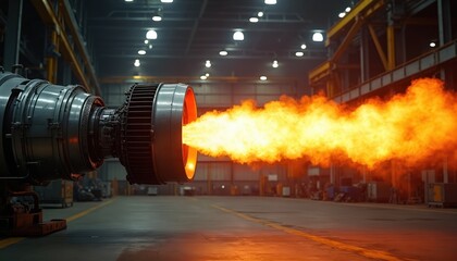 Jet engine test inside industrial facility. Powerful flame exhaust emitted during engine functionality check. Aircraft or rocket tech development and engineering. Flame exhaust testing inside factory.