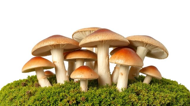 A cluster of honey brown mushrooms with smooth caps grows atop vibrant green moss against a clean white backdrop creating a visually appealing natural still life.