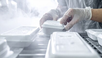 明るい白色照明が広がる清潔な包装エリアで、凍気が漂う中、手元がコンベア上の密封冷凍ミールを検品するクローズアップ。
パック表面の霜と衛生的なステンレス装置が、食品安全と品質基準の高さを印象づけます。