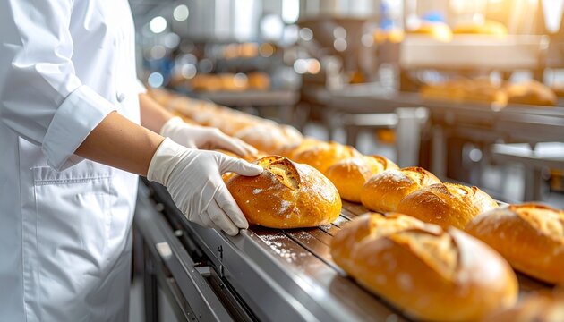 光沢のあるステンレス機械に囲まれた自動製パンラインで、手元がパンローフをスライス工程へ正確に誘導するクローズアップ。
整然とした金属表面と清潔な環境、機械の連続動作が、食品安全と精度の高い生産体制を表現します。