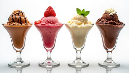 Four colorful ice cream sundaes displayed in elegant glasses against a white backdrop. Each sundae features different flavors toppings. Refreshing sweet desserts perfect for advertising menus.