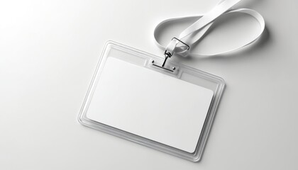 Blank white id card with lanyard on plain background. Empty name badge holder for personal identification, access pass, or staff entry. Minimalist office, business event, or conference access.