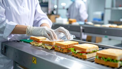清潔な産業用キッチン環境で、衛生手袋を着用した作業員が自動コンベア上のサンドイッチ包装をシール処理する手元のクローズアップ。
透明フィルムと光沢のあるステンレス設備、明るい白色照明が高い衛生基準と食品安全を強調します。