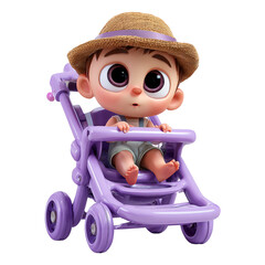 A cute cartoon baby with big eyes sits in a purple stroller, isolated on transparent background, ready for a fun adventure