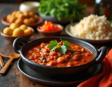 Delicious traditional Mauritian rougaille stew. Tomato based dish with sausage and other ingredients. Served with rice and side dishes. Creole style cuisine concept food photo.