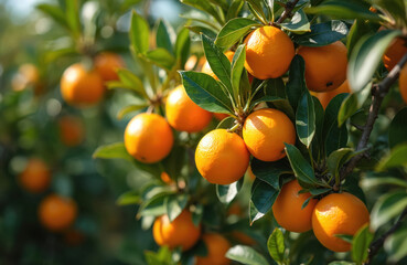 Ripe oranges grow on lush green branches in sunlight. Juicy citrus fruits hang heavy on trees in an orchard. Fresh harvest ready for picking in a sunny grove.