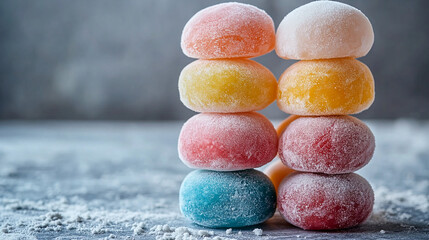 Vibrant mochi assortment stacked high, dusted with powdered sugar, offering a delightful and sweet culinary experience for any occasion