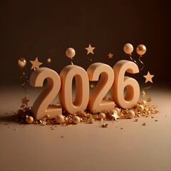 Elegant golden 2026 numbers surrounded by festive decorations, stars, and balloons on a warm background. Stylish New Year celebration concept perfect for holiday greetings, posters, and seasonal desig
