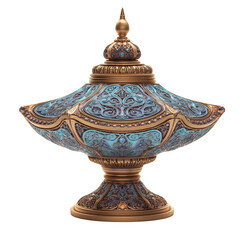 Ornate decorative bowl with lid in blue and gold isolated on transparent background, perfect for home decor or collectible display