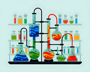 Colorful illustration of laboratory glassware and chemical flasks filled with vibrant liquids connected by tubes. Modern science and chemistry concept suitable for education, research, and innovation 