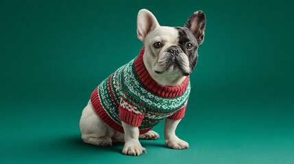 A charming French bulldog poses with personality, wearing a cozy knitted sweater adorned with festive patterns. The rich colors and warm details evoke a delightful holiday atmosphere