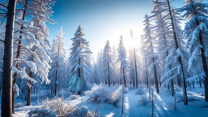 A serene winter wonderland scene showcases snow covered trees bathed in bright sunlight on a beautiful clear day in a magical forest landscape.