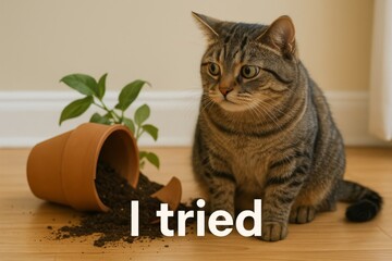 Funny cat sitting beside a broken flower pot with text “I Tried” — perfect humorous pet photo for memes and posters.