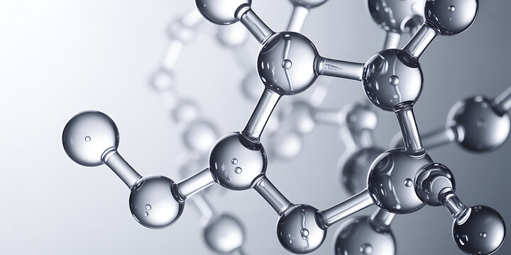 Closeup of a transparent molecular structure with interconnected spheres and rods