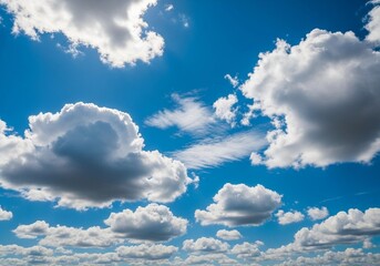 A high-resolution photograph of a bright blue sky filled with soft, fluffy cumulus clouds. The clouds appear voluminous and scattered across the horizon, illuminated by natural sunlight. Captured from