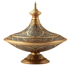Exquisite golden decorative bowl with intricate patterns, a testament to artistry and cultural richness isolated on transparent background