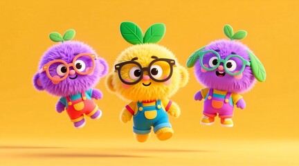 Naklejka premium Three adorable, fluffy cartoon characters with glasses and leafy tops float joyfully against a bright yellow background perfect for playful kids' content!