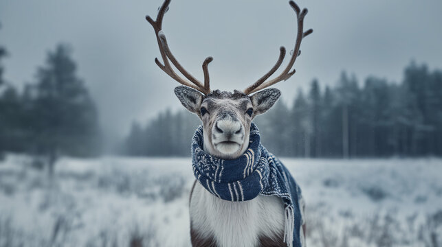 A playful reindeer with large antlers stands proudly against a wintry backdrop