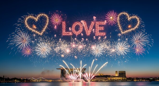 Fireworks display spelling out love over water at night with hearts