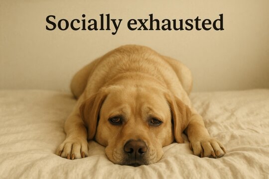 Cute tired dog lying on bed with text &ldquo;Socially exhausted&rdquo; &mdash; funny and relatable pet photo for memes and prints.