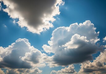 A high-resolution photograph of a bright blue sky filled with soft, fluffy cumulus clouds. The clouds appear voluminous and scattered across the horizon, illuminated by natural sunlight. Captured from