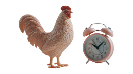 A rooster and alarm clock isolated on transparent background, symbolizing the traditional wakeup call and the passage of time
