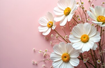 Obraz premium Close-up of white cosmos flowers arranged on soft pink background. Delicate blossoms create elegant floral design perfect for wedding invitations or feminine branding. Image radiates serenity, beauty.