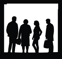 Silhouette of diverse people standing, talking, interacting, casual clothing, urban scene, social communication, black and white, isolated, group dynamics, conversation